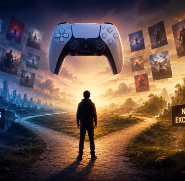 Controle e console diante de gráficos em queda e portal iluminado.