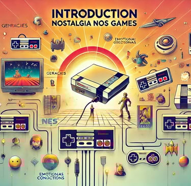 consoles clássicos como NES e Sega Genesis ao lado de elementos modernos de jogos, com personagens