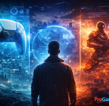 Homem observa cidade futurista com hologramas e elementos tecnológicos.