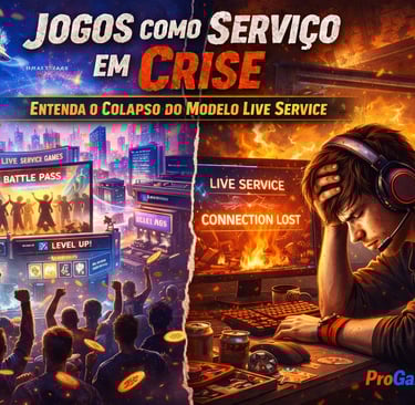 Contraste entre a ascensão e o colapso dos jogos como serviço, mostrando entusiasmo e desgaste do jo