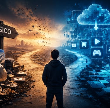 Homem diante de caminhos entre jogos físicos e biblioteca digital em nuvem.