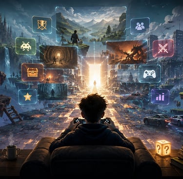 Jogador diante de portal com mundos e elementos de rejogabilidade nos games