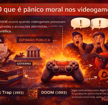 Infográfico explicando pânico moral nos videogames com mídia, opinião pública e regulação governamen