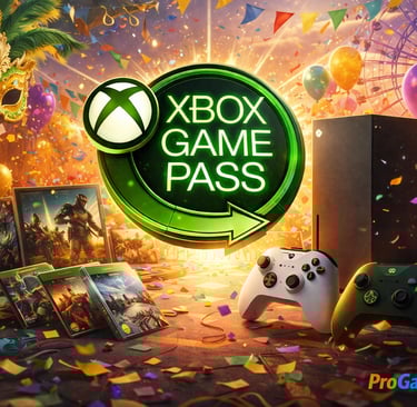 Console, controles e ícone do Game Pass em ambiente festivo com confetes.