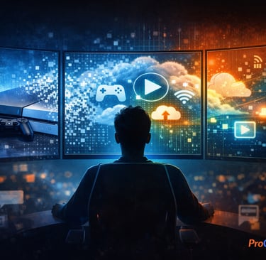 Jogador diante de telas com console, nuvem e símbolos de streaming digital.