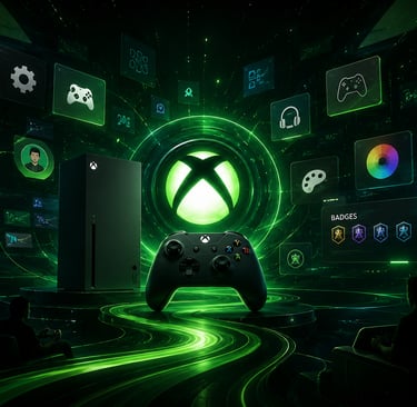 Interface futurista do Xbox com controle, badges e opções de personalização.