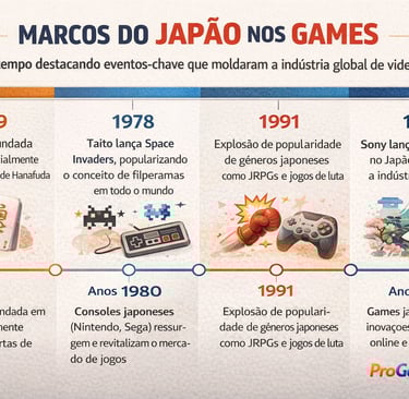 Linha do tempo com marcos do Japão nos games, de Nintendo e arcades ao PlayStation e gêneros japones