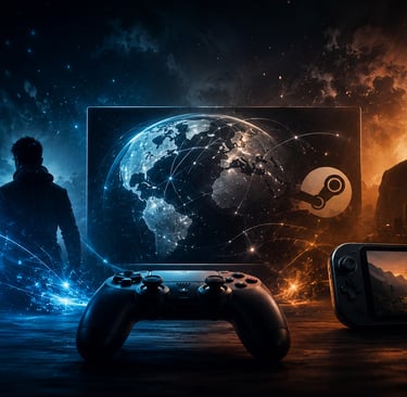 Controle, consoles e símbolos digitais em cenário gamer futurista.