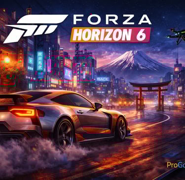 Carro esportivo em estrada no Japão com cidade, montanha e elementos culturais ao fundo