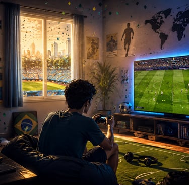 Jovem joga futebol virtual em sala decorada para a Copa do Mundo.