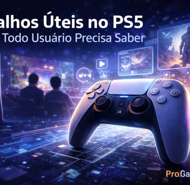 Controle DualSense com ícones de atalhos do PS5 em fundo tecnológico futurista