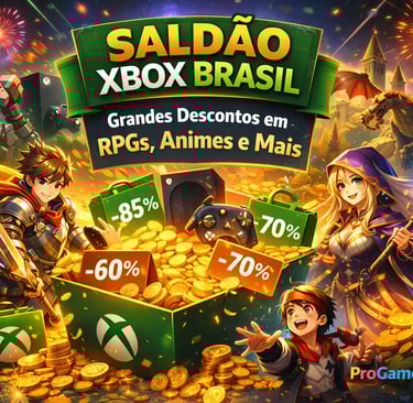 Ilustração do Saldão Xbox Brasil com jogos de RPG, anime e etiquetas de desconto digitais
