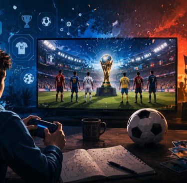 Jogador com controle assistindo jogo de futebol digital inspirado na Copa