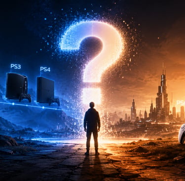 Linha do tempo PlayStation com PS6 e ponto de interrogação luminoso.