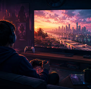Jogador em frente à TV com cidade tropical exibida na tela.