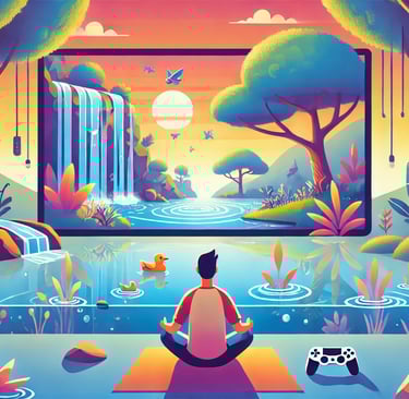 Representação de um jogador relaxando em um ambiente sereno, conectado a um mundo virtual tranquilo.