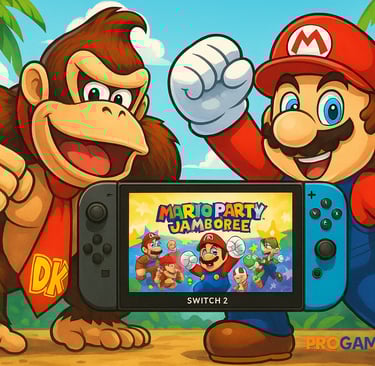 Donkey Kong e Mario posam animados com o Switch 2, promovendo seus novos jogos de lançamento.