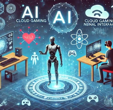 um robô humanoide e ícones de jogos na nuvem, representando inovações nos gêneros