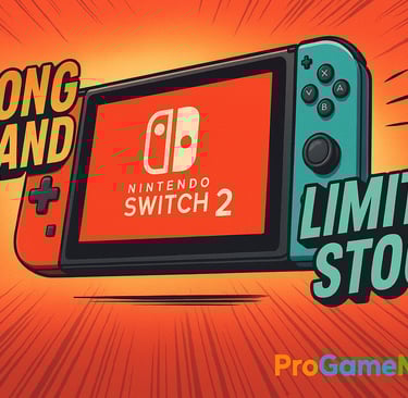 Nintendo Switch 2 com palavras em destaque ‘forte demanda’ e ‘estoque limitado’, simulando o impacto