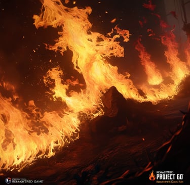 Iluminação realista e detalhamento dos efeitos de fogo no jogo, remasterizados pelo Projeto GO.