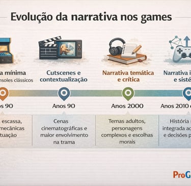 Linha do tempo mostra a evolução da narrativa nos games, do arcade à narrativa integrada moderna.