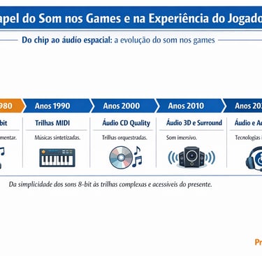 Linha do tempo da evolução do som nos videogames, do 8-bit ao áudio acessível.