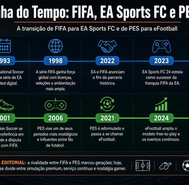 Linha do tempo da transição de FIFA e PES para EA Sports FC e eFootball.