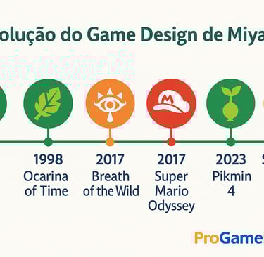  Infográfico 16:9 da evolução do design de Miyamoto com timeline de 1986 ao Switch 2