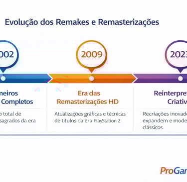 Linha do tempo mostrando a evolução dos remakes e remasterizações de jogos ao longo das gerações