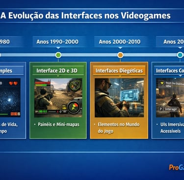 Linha do tempo da evolução das interfaces nos games, dos arcades ao design acessível.