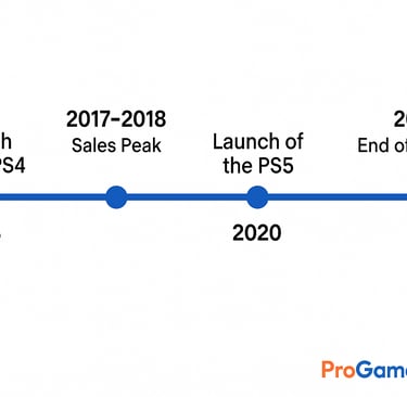 Gráfico de linha do tempo mostrando o lançamento do PS4 em 2013, pico de vendas em 2017–2018
