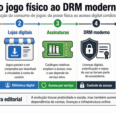 Linha do tempo do jogo físico ao DRM e verificação online.