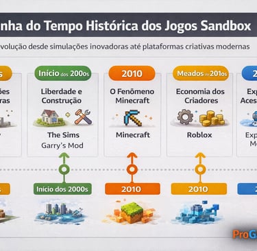 Linha do tempo mostrando a evolução histórica dos jogos sandbox, das simulações iniciais às platafor