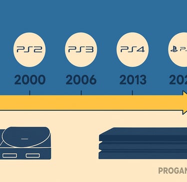 Linha do tempo com ícones dos consoles PS1 a PS5 e anos de lançamento.