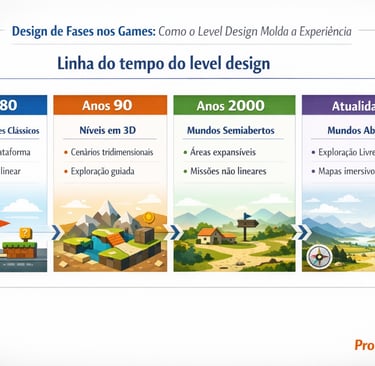 Linha do tempo da evolução do design de fases nos games, dos lineares aos abertos.