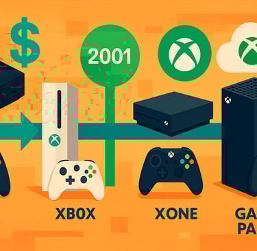 Linha do tempo horizontal exibindo consoles Xbox de 2001 ao Series X e ícone de Game Pass em nuvem.