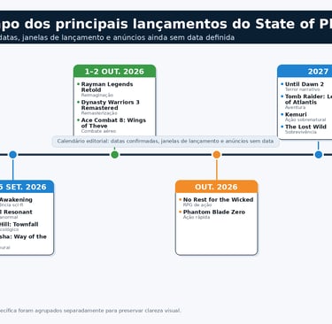 Linha do tempo com lançamentos do State of Play 2026 para PS5.