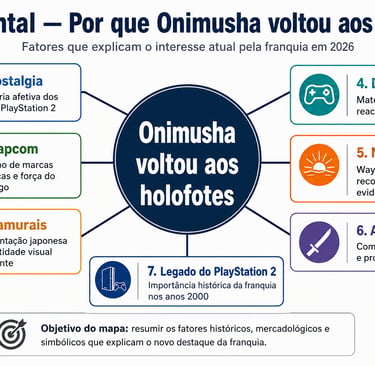 Mapa mental com fatores que explicam o retorno de Onimusha em 2026