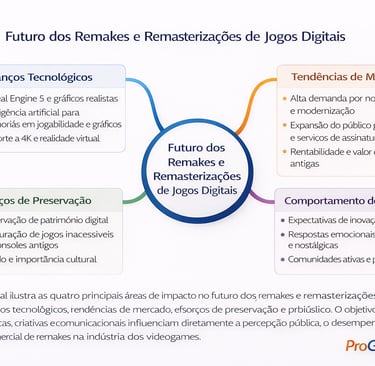 Mapa mental conectando tecnologia, mercado, preservação e comportamento do público nos remakes