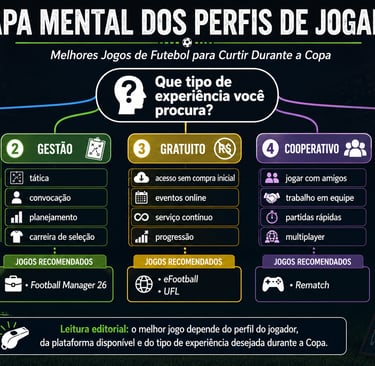 Mapa mental compara perfis de jogador e tipos de jogos de futebol para a Copa.