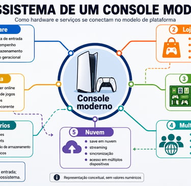 Mapa mental mostra hardware, loja, assinatura e nuvem em console moderno.