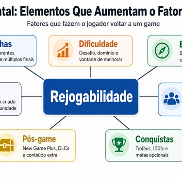 Mapa mental com elementos que aumentam a rejogabilidade nos games