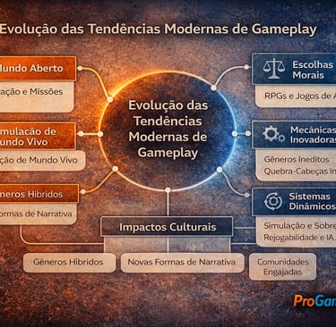 Mapa mental conecta tendências modernas de gameplay, sistemas, gêneros e impactos culturais