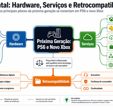 Mapa mental conecta hardware, serviços e retrocompatibilidade.