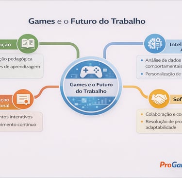 Mapa mental conecta games ao futuro do trabalho por meio de educação, IA, requalificação e soft skil