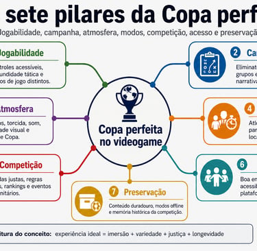 Mapa mental com sete pilares da Copa perfeita nos videogames