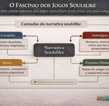 Mapa conceitual mostrando cenário, inimigos, itens e eventos na narrativa soulslike