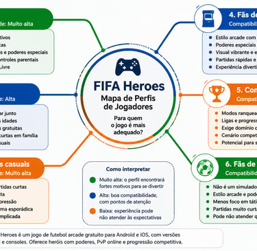 Perfis de jogadores e compatibilidade com FIFA Heroes em seis categorias.