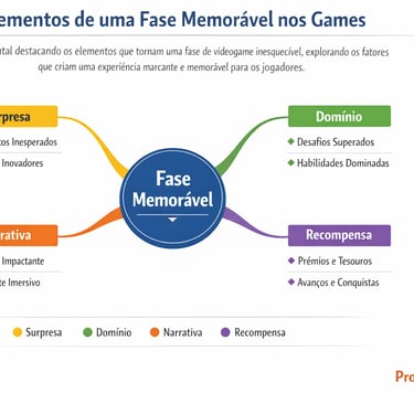 Mapa mental com surpresa, domínio, narrativa e recompensa em fases dos games.