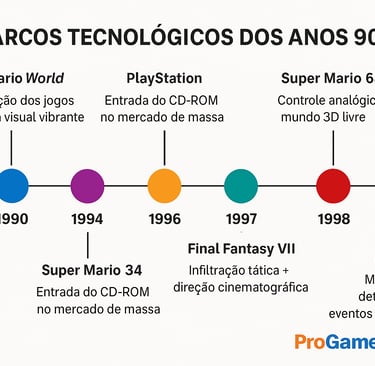 Linha do tempo com avanços tecnológicos dos videogames nos anos 90.
